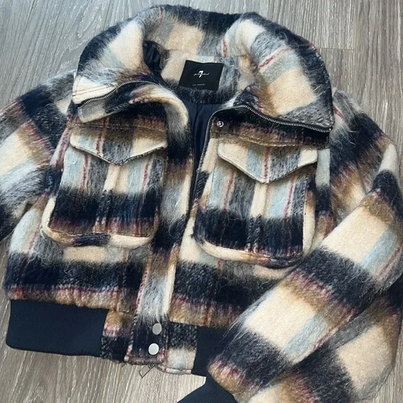 7 For All Mankind Plaid Jacket - Black, Cream, Tan - Picture 2 of 5